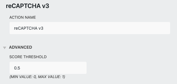 image of the reCPATCHA v3 action in Ninja Forms with the Advanced settings for the action expanded to display the Score Threshold setting.